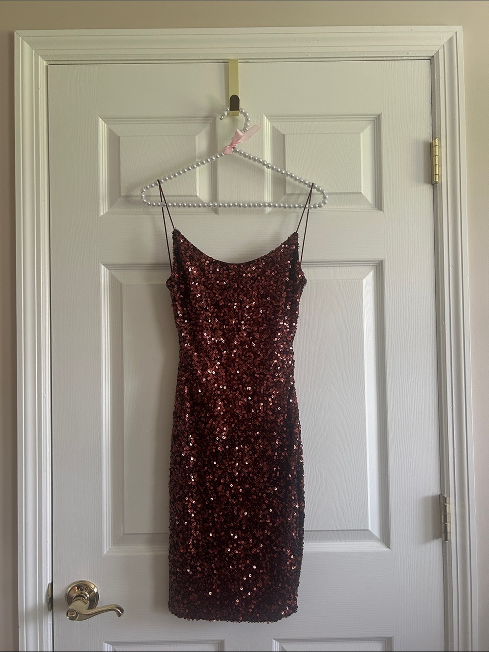 B Darlin Burgundy Copper Sequin Spaghetti Strap Mini Dress